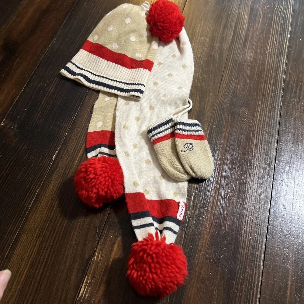 BRUMS  Cable Knit Pom Pom Hat, Scarf & Mittens Set - Toddlers Size